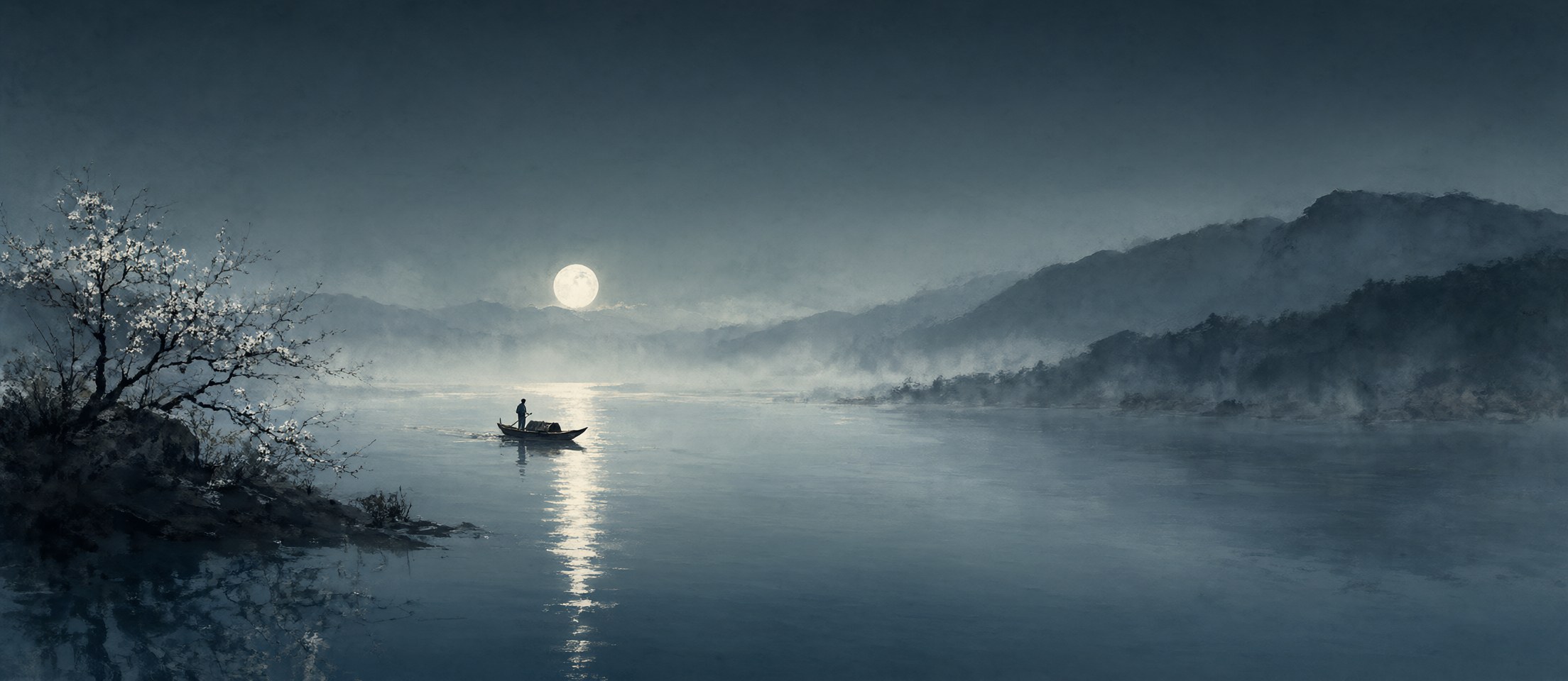 《春江花月夜》主视觉：夜江、明月与孤舟