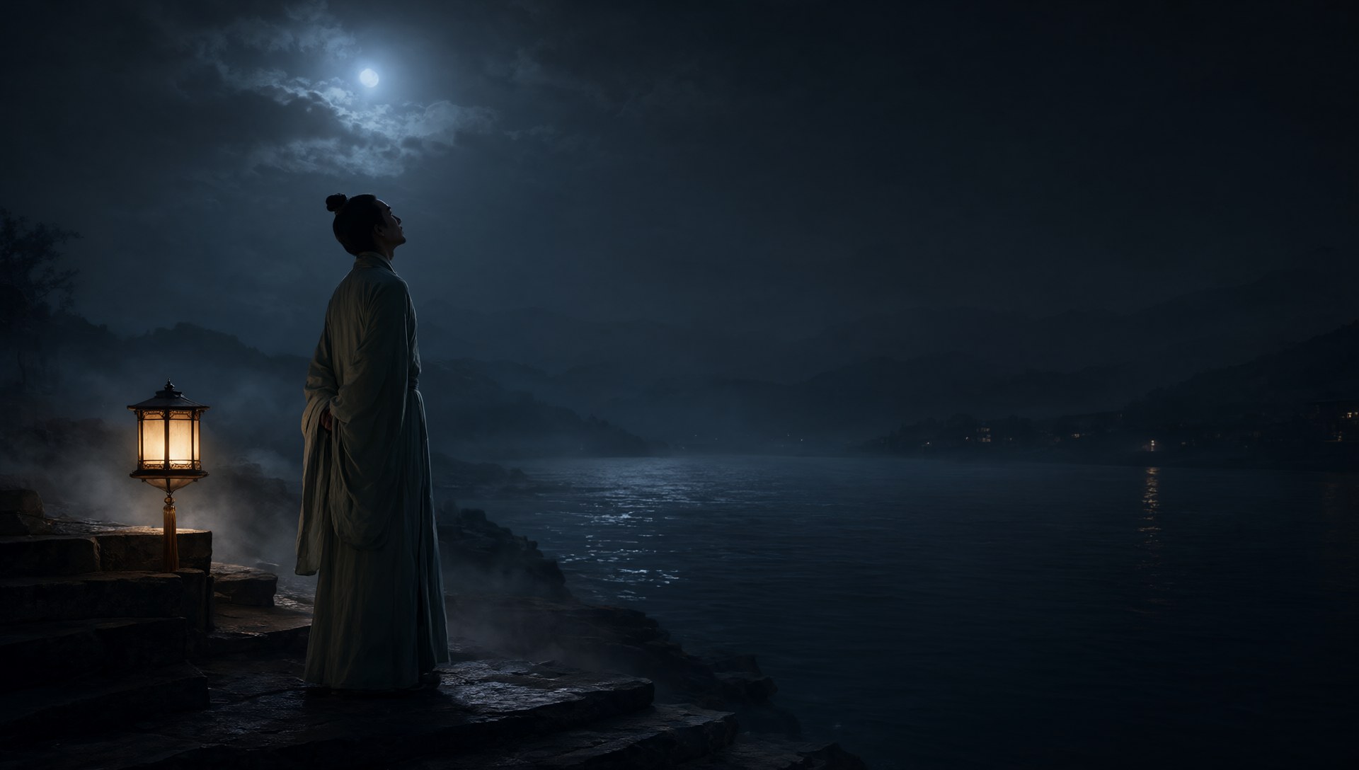 夜色中的江畔，一位青衫士人负手望江