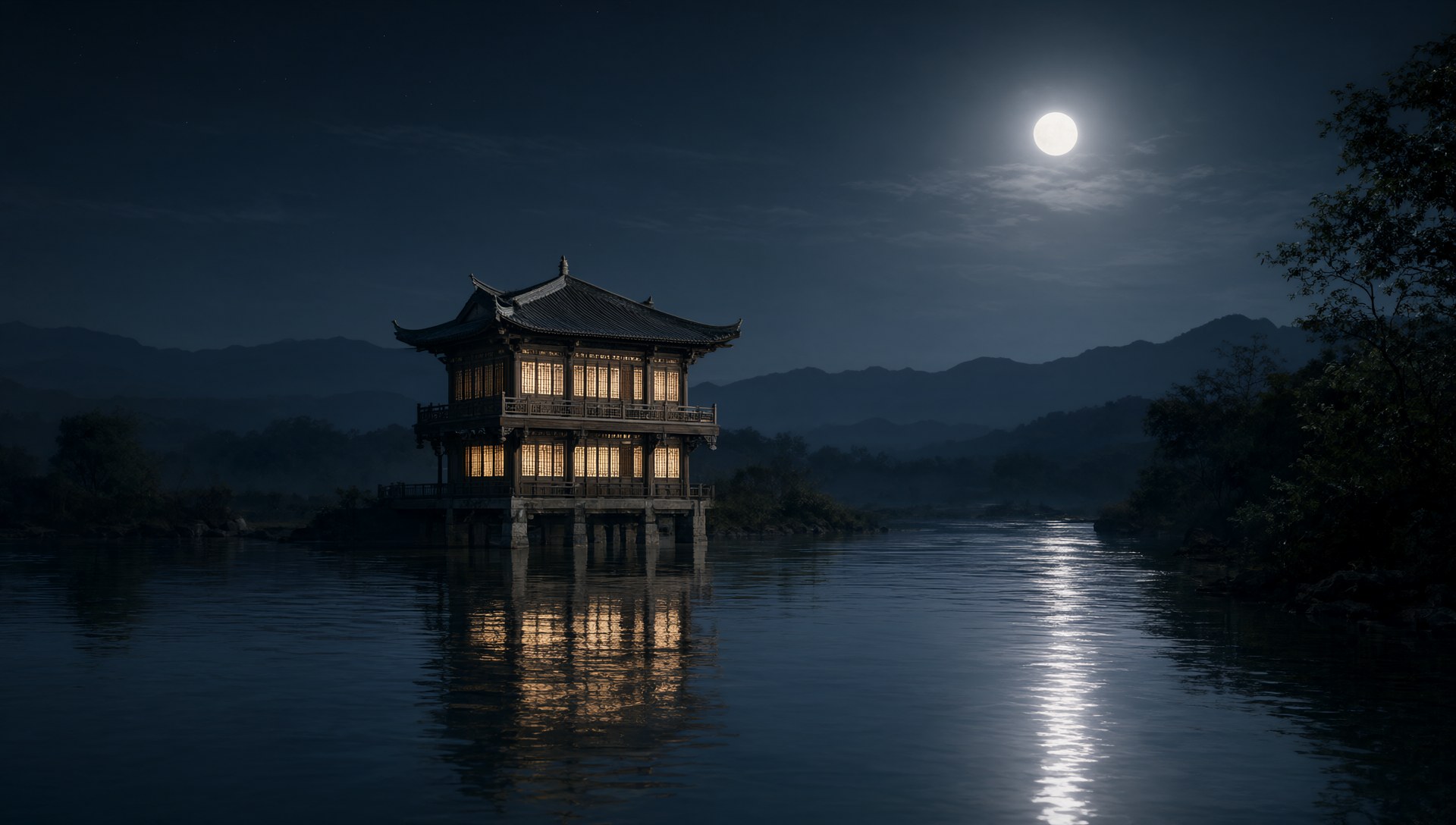 楼台：江畔高楼与月色