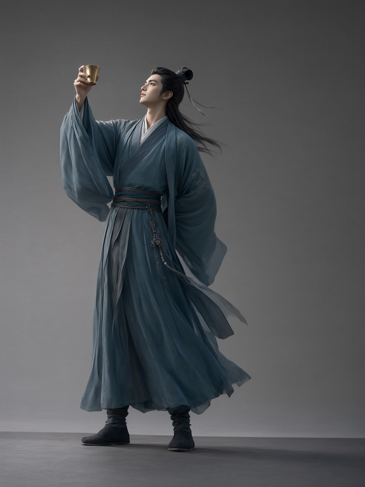 诗人缓缓举起酒杯，衣袖随风扬起